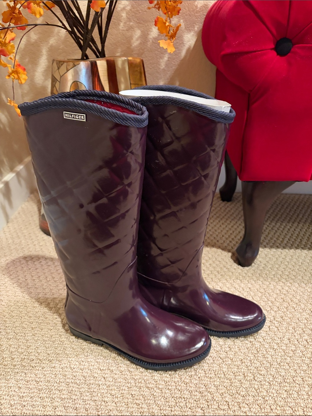 Tommy Hilfiger Quilted Tall Rain Boots in Plum